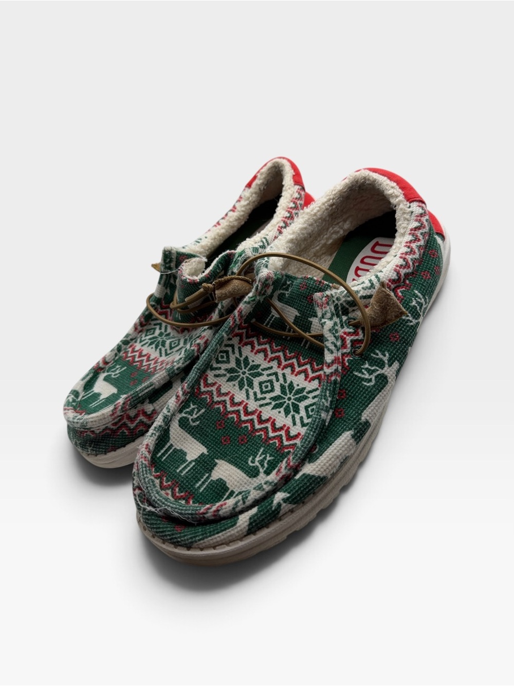 Hey Dude Mens Wally Ugly Sweater Lined Slip-On Moccasins - Green/Red Size 9